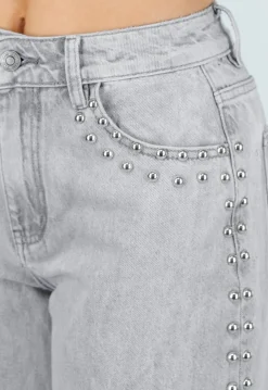 Grijze Wide Leg Jeans met Stud Details en High Waist Pasvorm