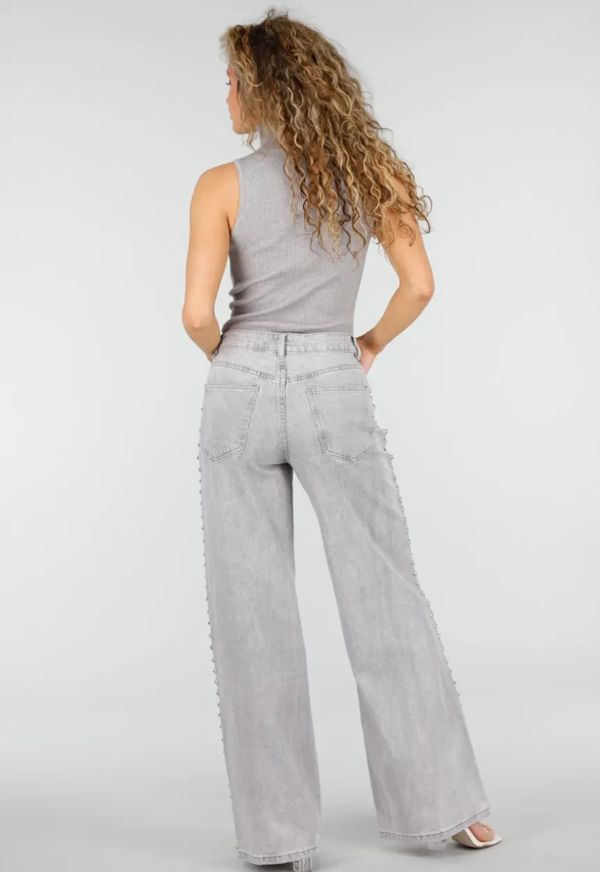 Grijze Wide Leg Jeans met Stud Details en High Waist Pasvorm