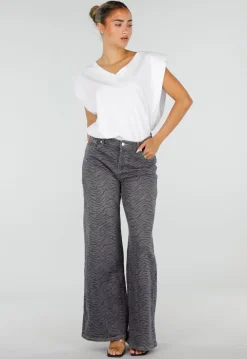 Grijze Wide Leg Jeans met Zebraprint en Lichte Stretch