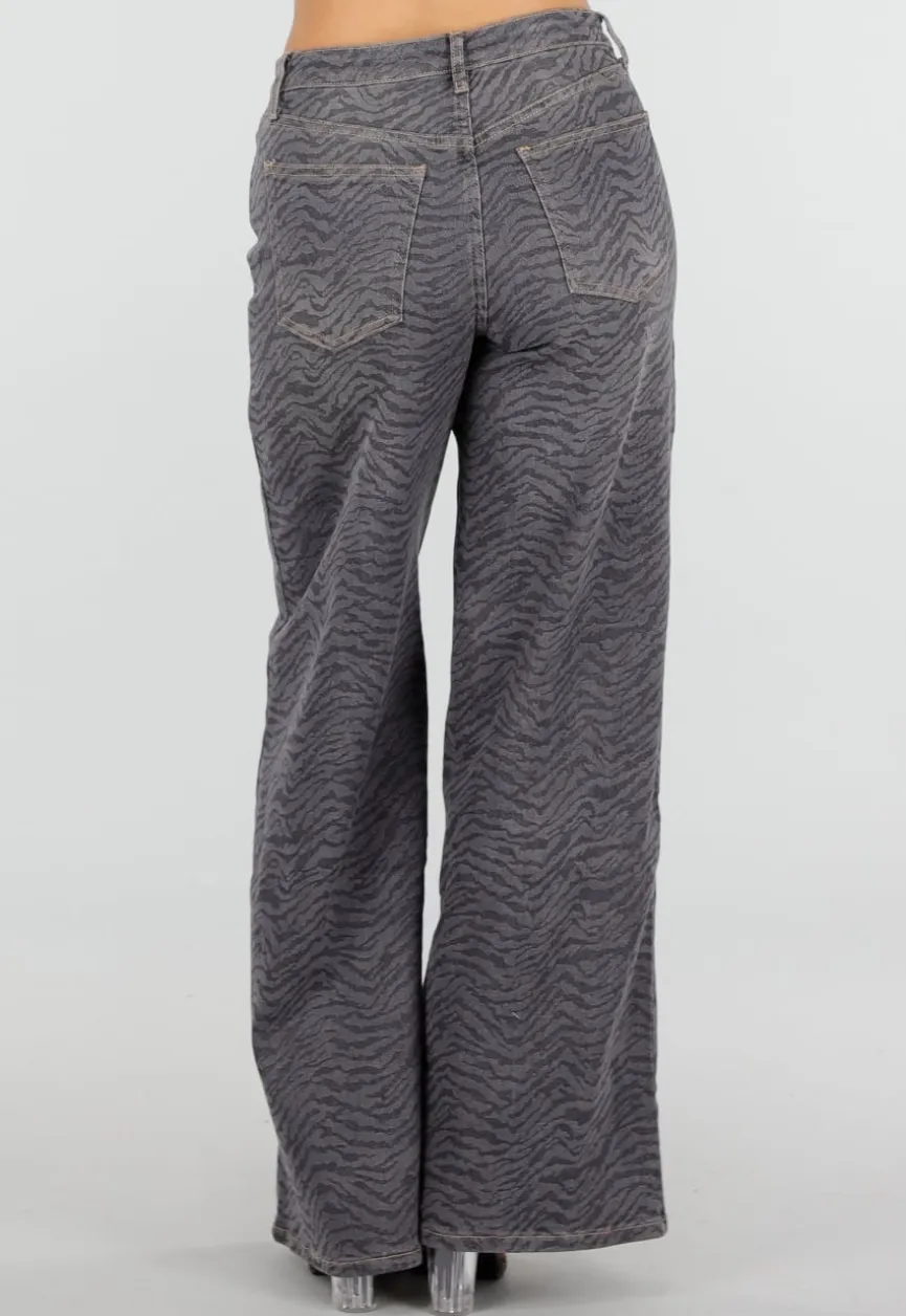 Grijze Wide Leg Jeans met Zebraprint en Lichte Stretch