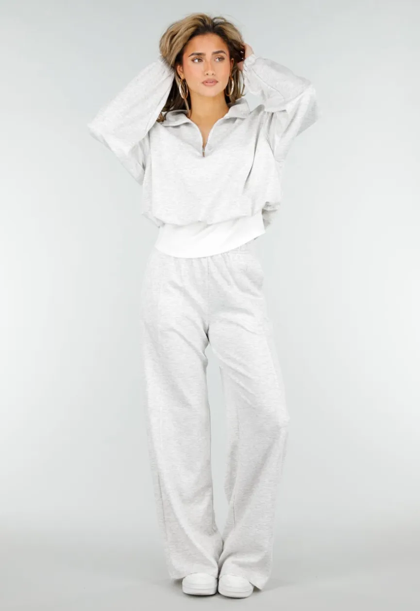 Grijze Wide Leg Joggingbroek met Elastische Taille en Stretch