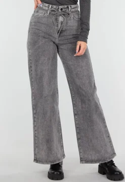 Grijze Wide Leg Stretch Jeans met Hoge Taille en Strikceintuur