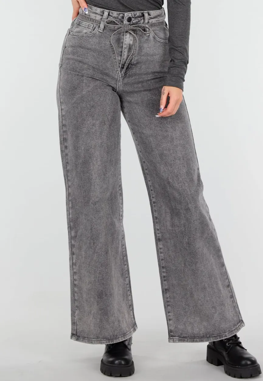 Grijze Wide Leg Stretch Jeans met Hoge Taille en Strikceintuur