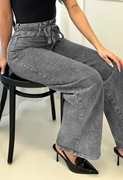 Grijze Wide Leg Stretch Jeans met Hoge Taille en Strikceintuur