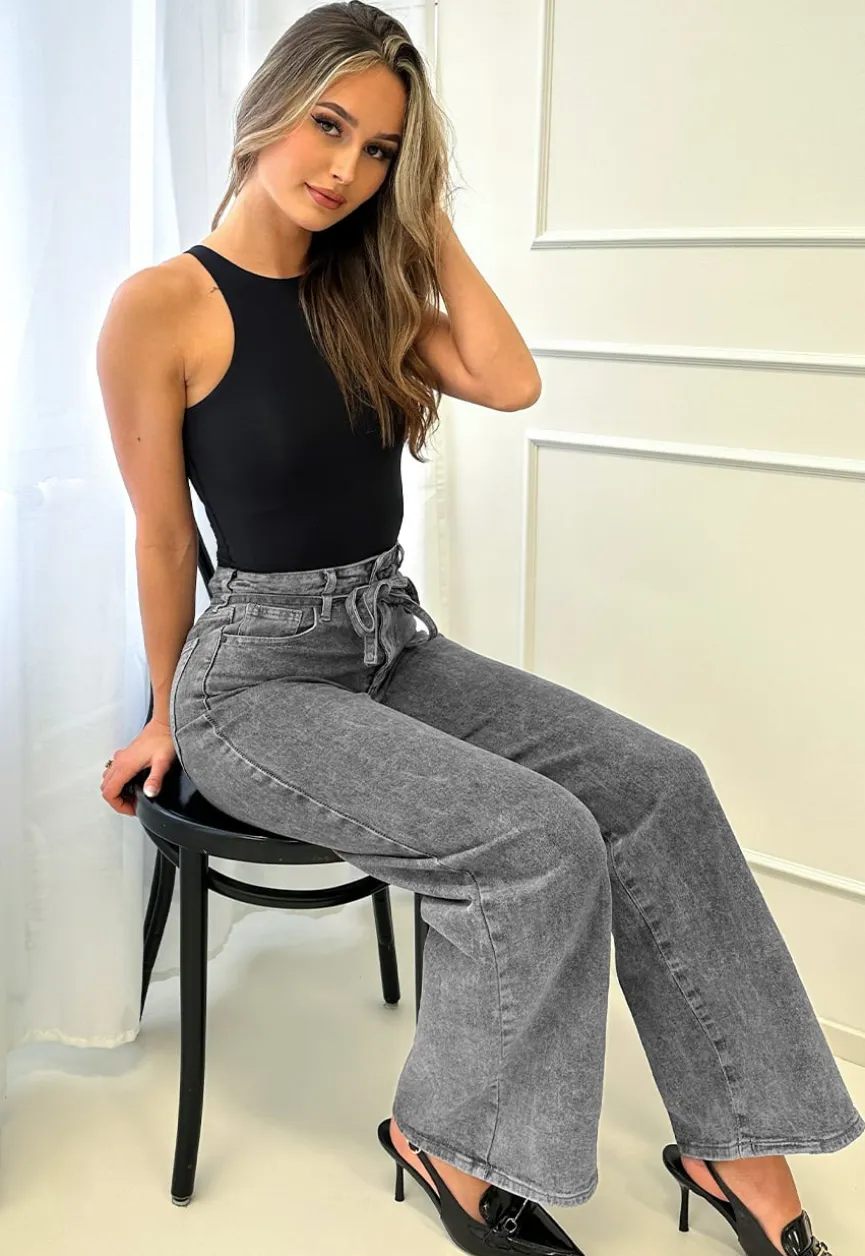 Grijze Wide Leg Stretch Jeans met Hoge Taille en Strikceintuur
