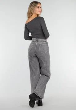 Grijze Wide Leg Stretch Jeans met Hoge Taille en Strikceintuur