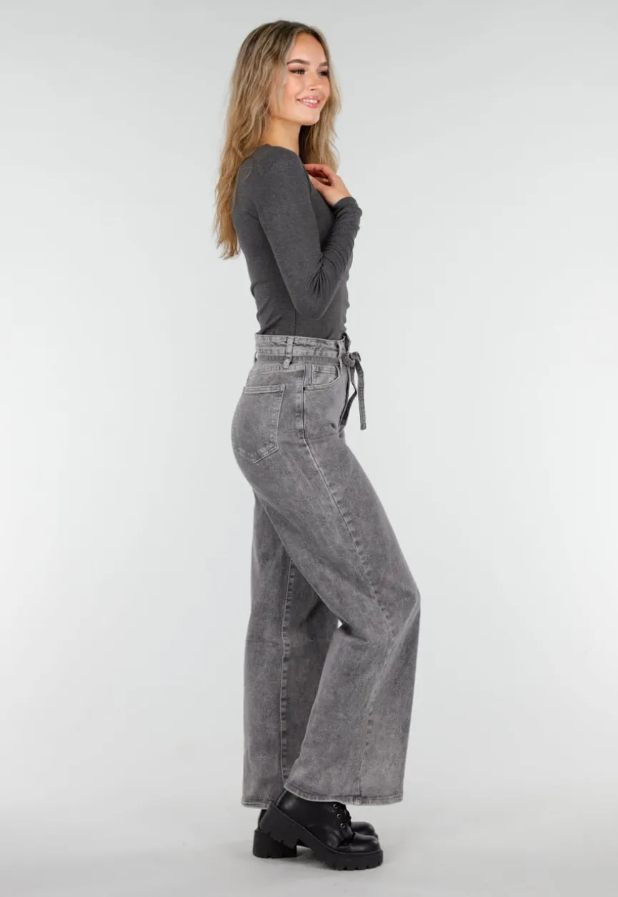 Grijze Wide Leg Stretch Jeans met Hoge Taille en Strikceintuur