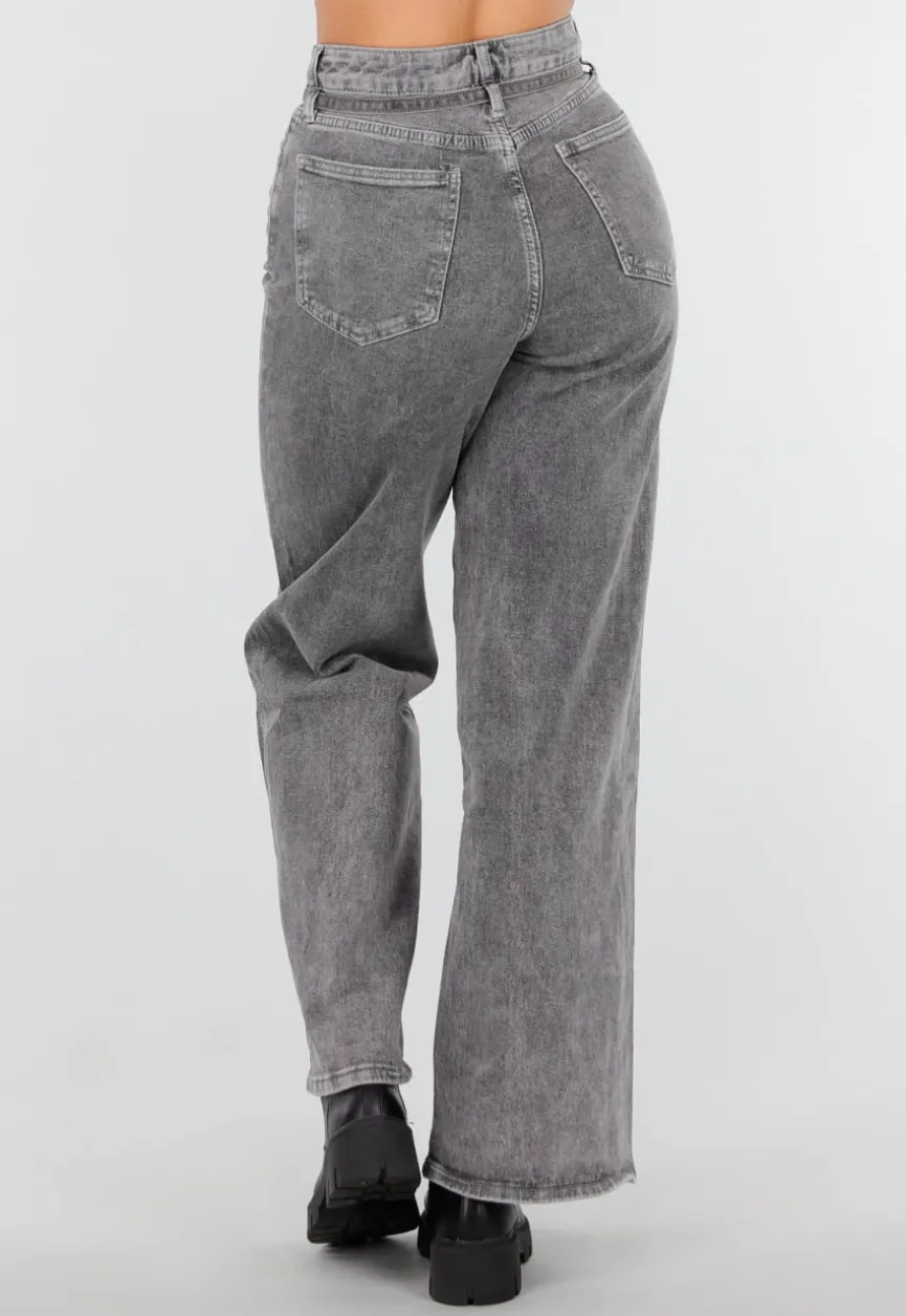 Grijze Wide Leg Stretch Jeans met Hoge Taille en Strikceintuur