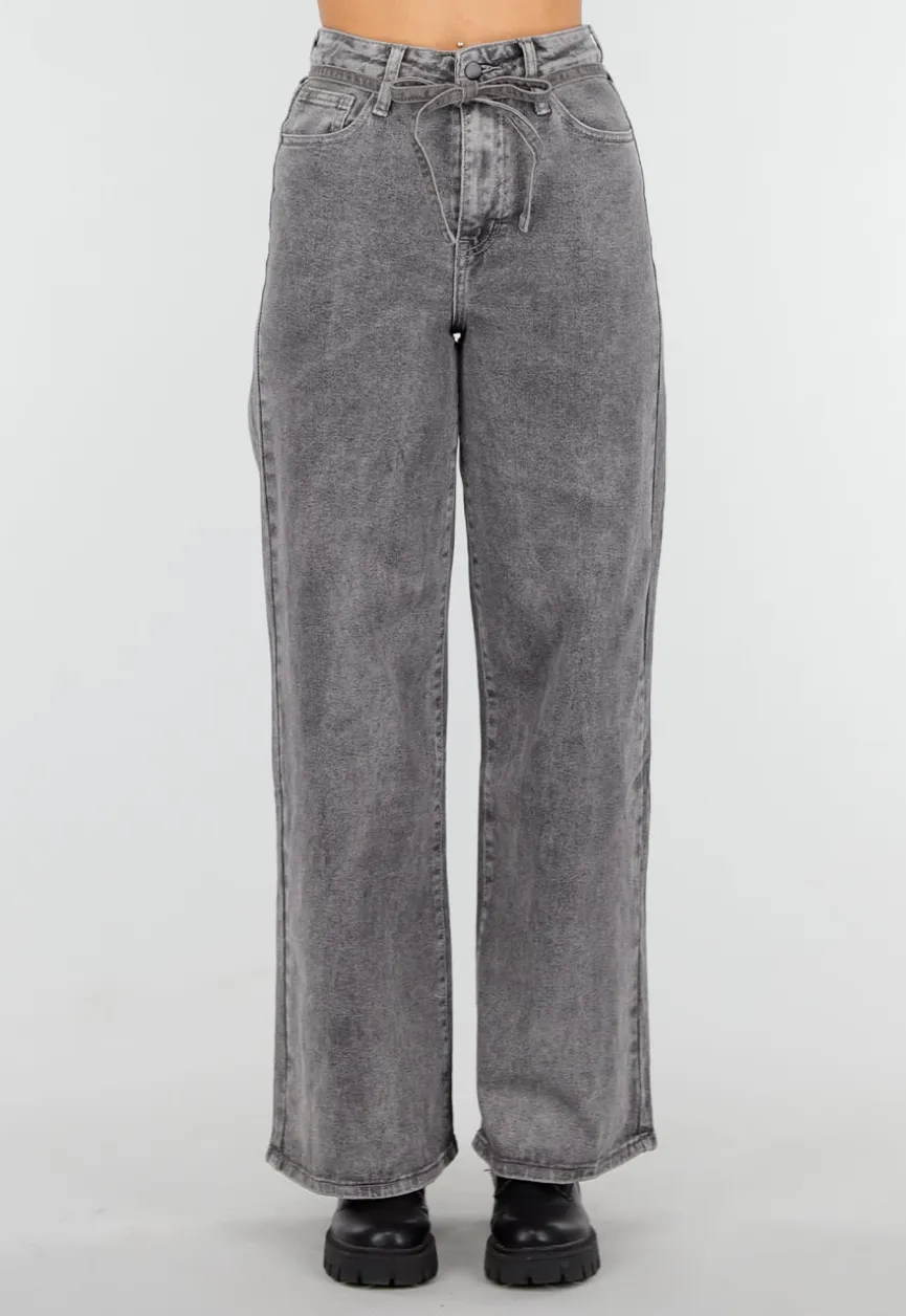 Grijze Wide Leg Stretch Jeans met Hoge Taille en Strikceintuur