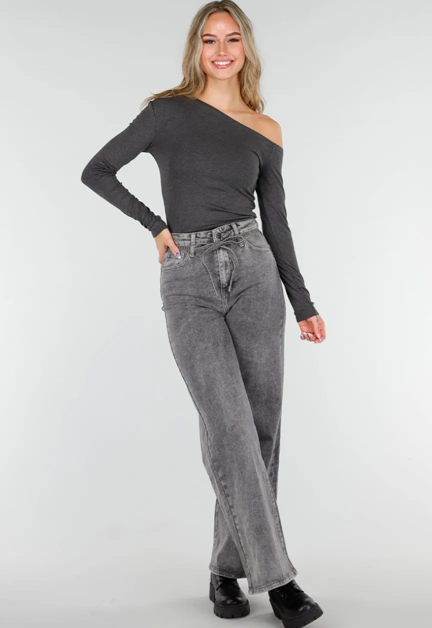 Grijze Wide Leg Stretch Jeans met Hoge Taille en Strikceintuur