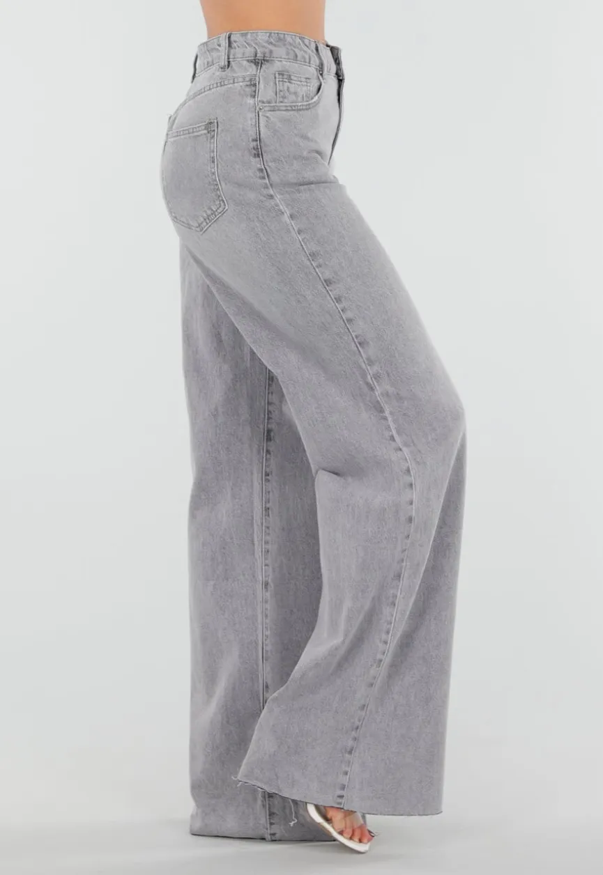 Grijze Wide Leg Tall Jeans met Gewassen Denim Wassing