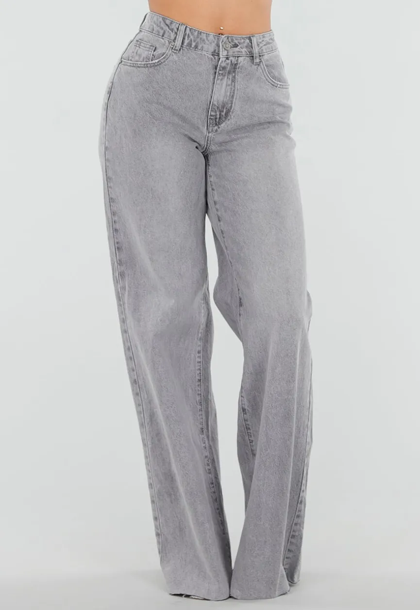 Grijze Wide Leg Tall Jeans met Gewassen Denim Wassing