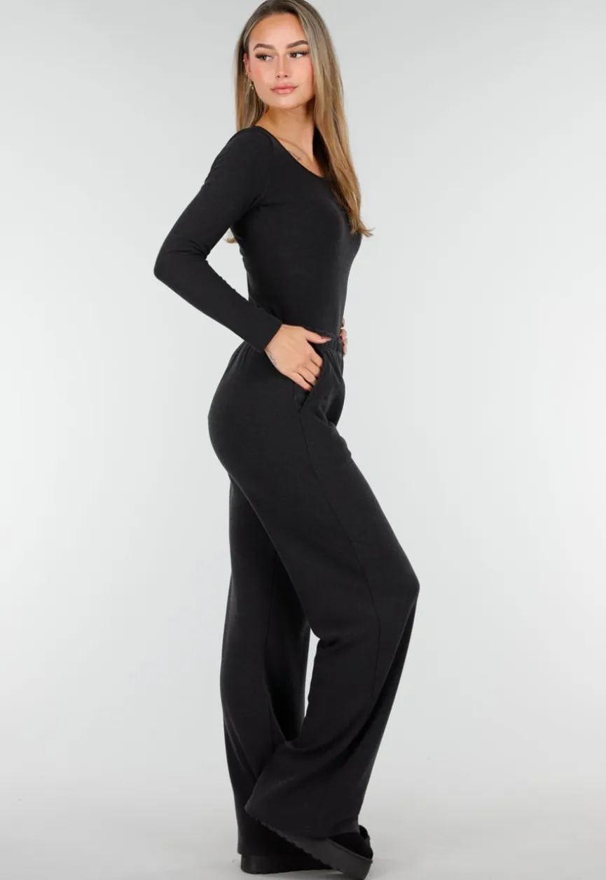 Grijze Zachte Stretch Broek met Rechte Pijpen