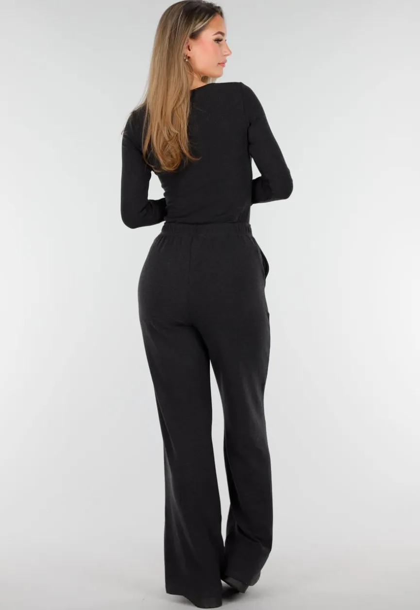 Grijze Zachte Stretch Broek met Rechte Pijpen