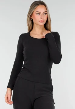 Grijze Zachte Stretch Top met Ronde Hals en Lange Mouwen