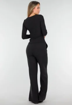 Grijze Zachte Stretch Top met Ronde Hals en Lange Mouwen