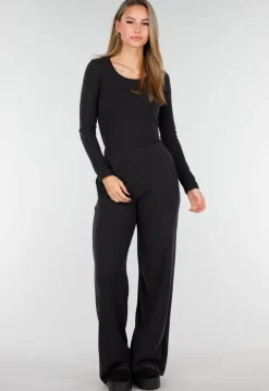 Grijze Zachte Stretch Top met Ronde Hals en Lange Mouwen