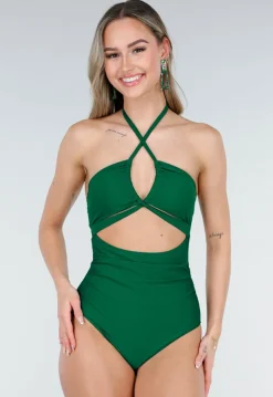 Groen Badpak met Halterband en Cut Out Detail