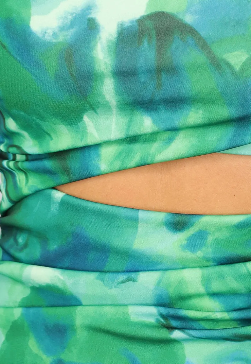 Groene Bloemenprint Jurk met Schoudervulling