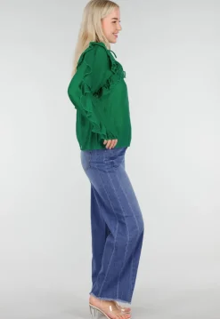 Groene Chiffon Blouse met Ruches en Strikdetail