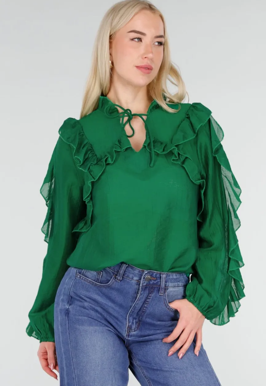 Groene Chiffon Blouse met Ruches en Strikdetail