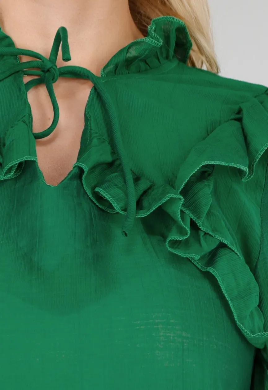Groene Chiffon Blouse met Ruches en Strikdetail