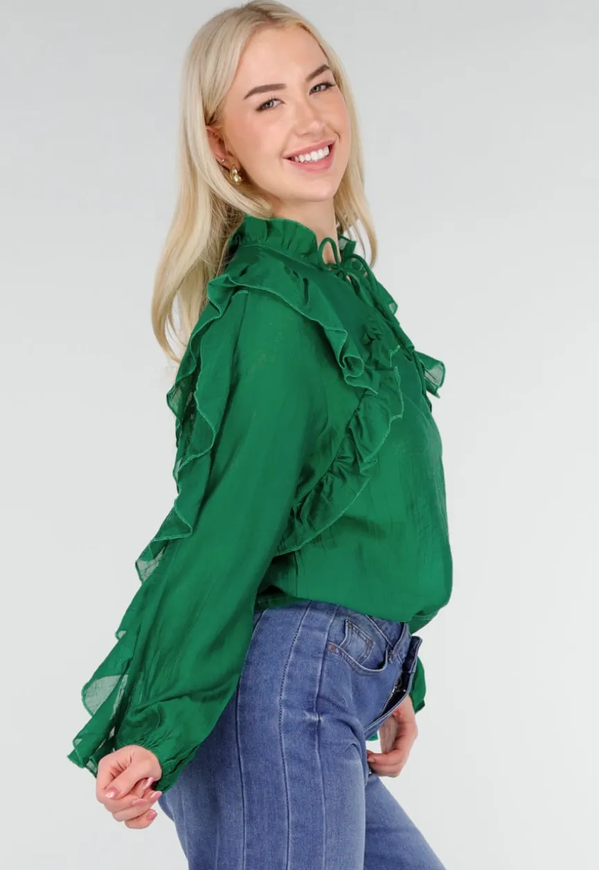 Groene Chiffon Blouse met Ruches en Strikdetail
