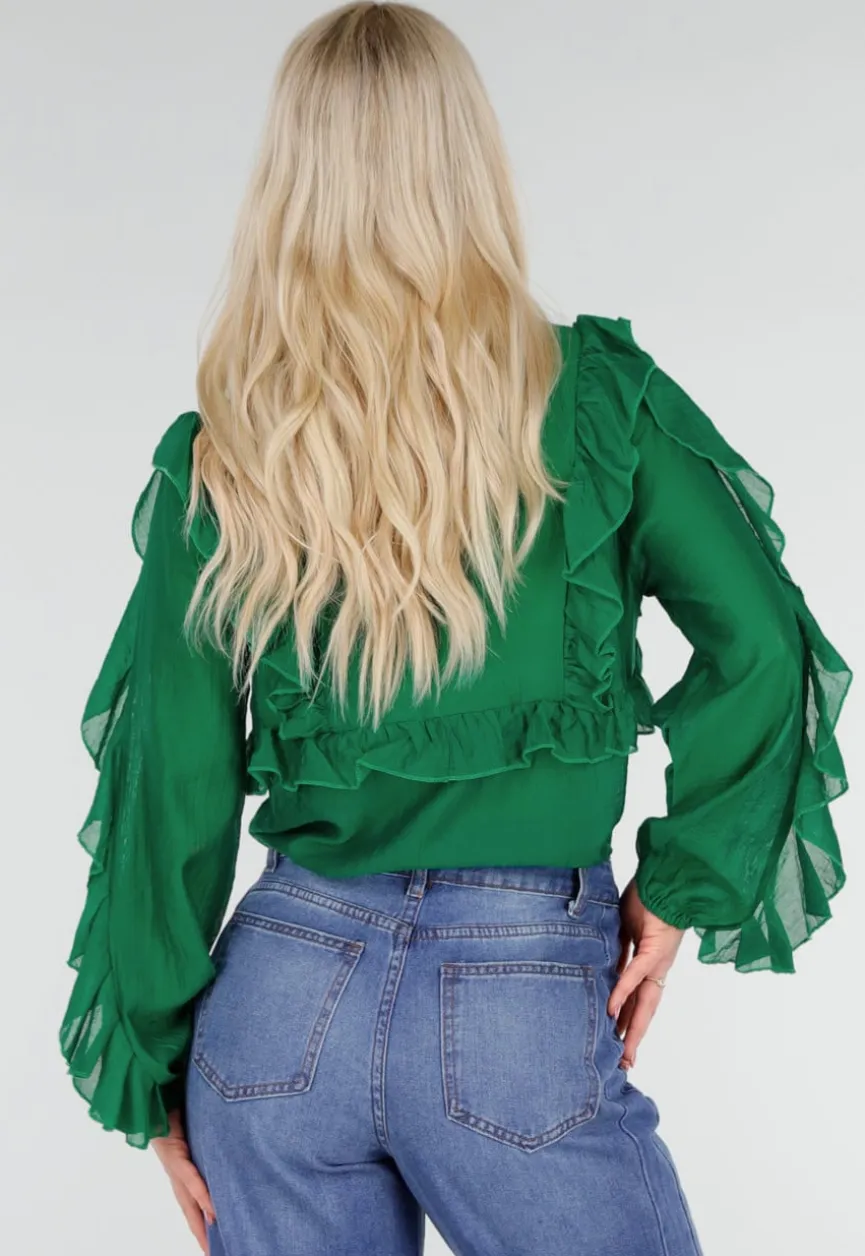 Groene Chiffon Blouse met Ruches en Strikdetail