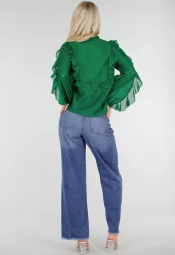 Groene Chiffon Blouse met Ruches en Strikdetail