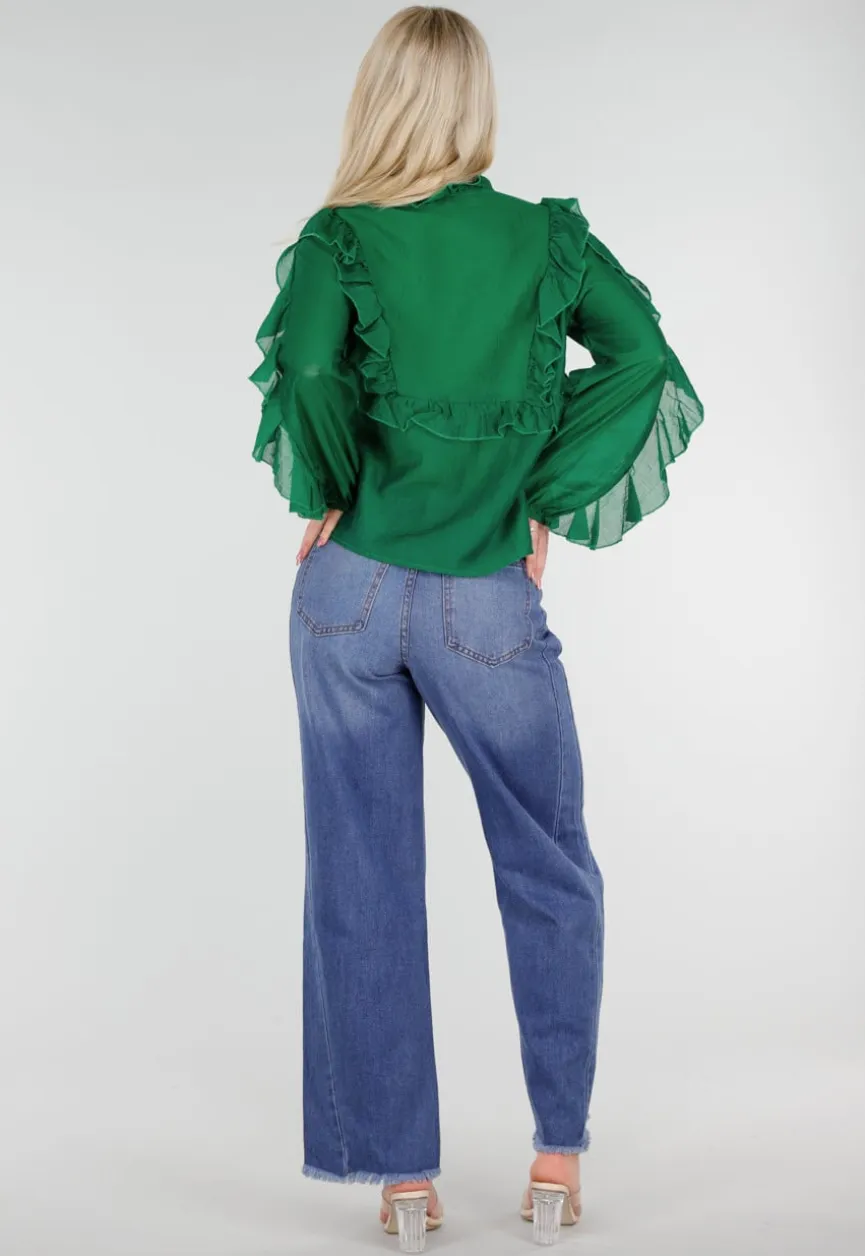 Groene Chiffon Blouse met Ruches en Strikdetail