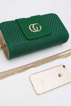 Groene Clutch met Goudkleurige Ketting en Gevlochten Textuur