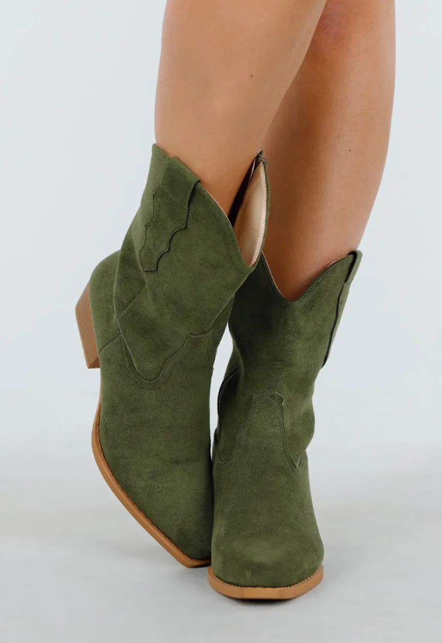 Groene Cowboylaarzen met Lage Hak en Suède Look