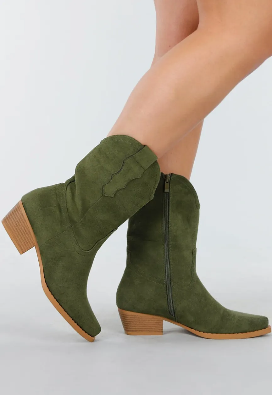 Groene Cowboylaarzen met Lage Hak en Suède Look