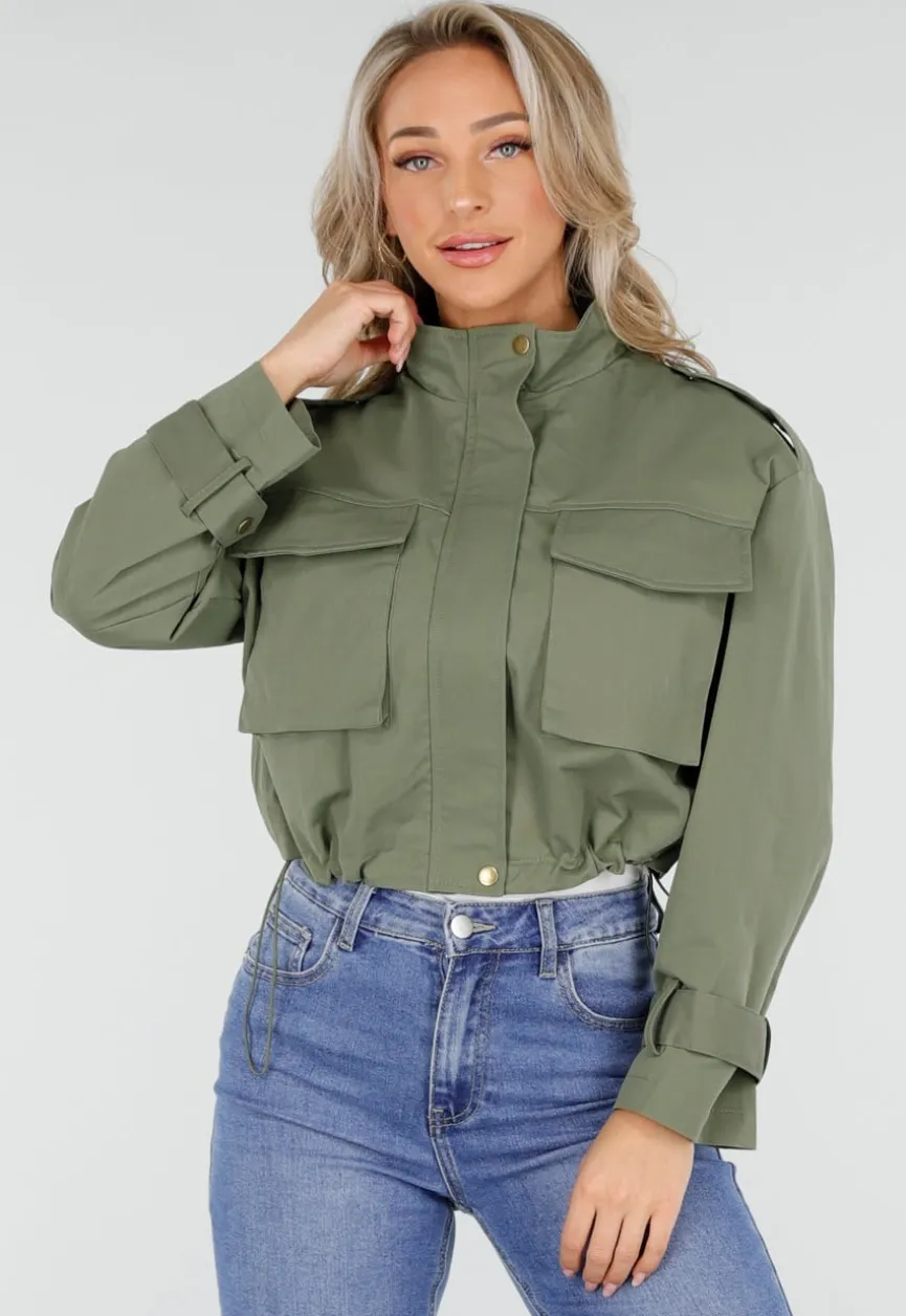 Groene Cropped Utility Jas met Grote Zakken