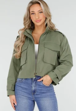 Groene Cropped Utility Jas met Grote Zakken