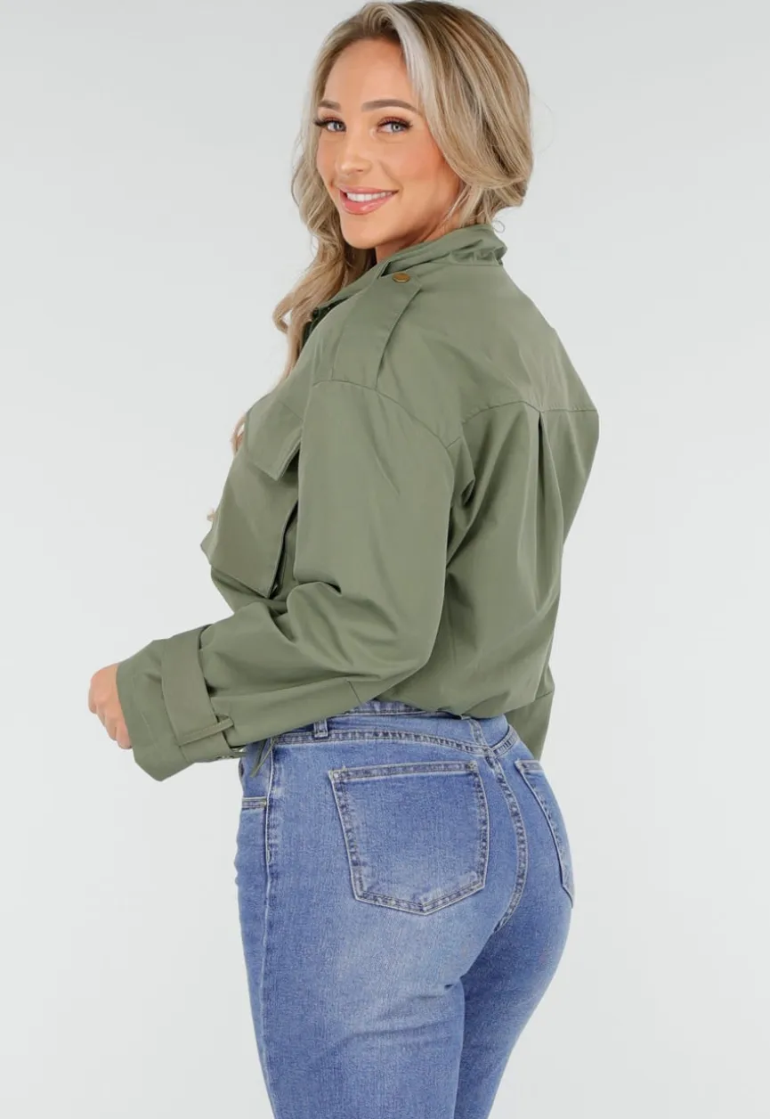 Groene Cropped Utility Jas met Grote Zakken