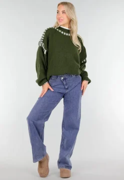 Groene Gebreide Trui met Hoge Hals en Witte Randdetails
