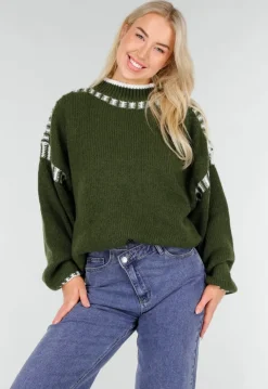 Groene Gebreide Trui met Hoge Hals en Witte Randdetails