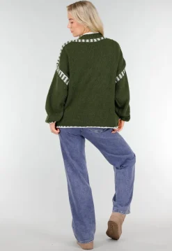 Groene Gebreide Trui met Hoge Hals en Witte Randdetails