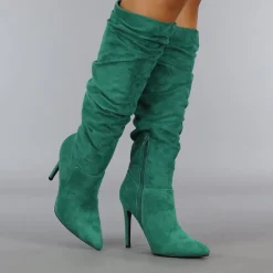 Groene Geplooide Laars met Stiletto Hak