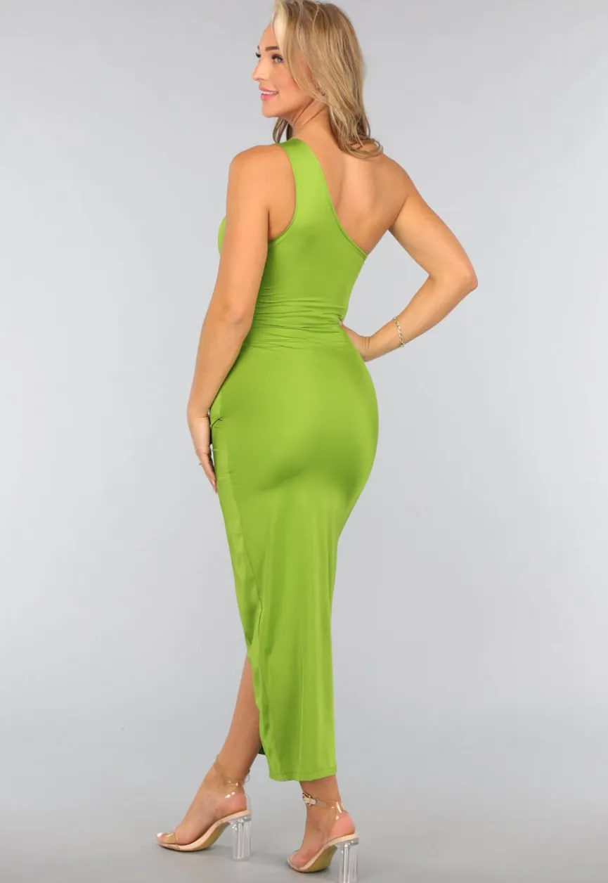 Groene Glanzende Midi Jurk met Pads