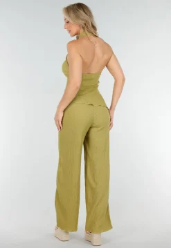 Groene Haltertop en Wijde Broek Set met Stretch