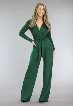 Groene Jumpsuit met Wijde Pijpen en Tailleband