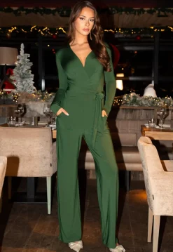 Groene Jumpsuit met Wijde Pijpen en Tailleband