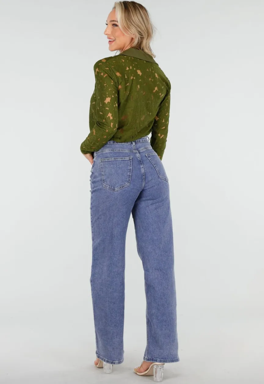 Groene Kanten Blouse met Lange Mouwen en Knoopsluiting