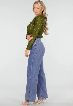 Groene Kanten Blouse met Lange Mouwen en Knoopsluiting