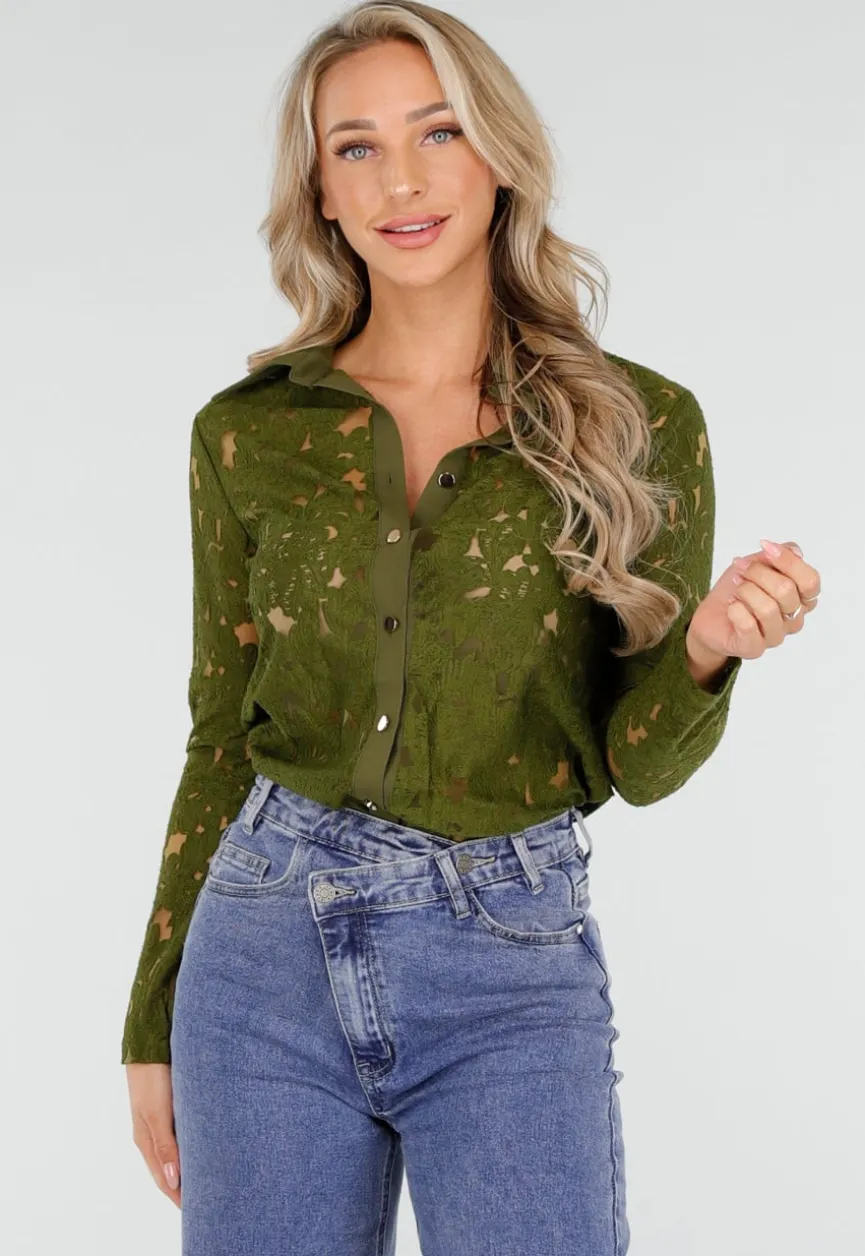 Groene Kanten Blouse met Lange Mouwen en Knoopsluiting