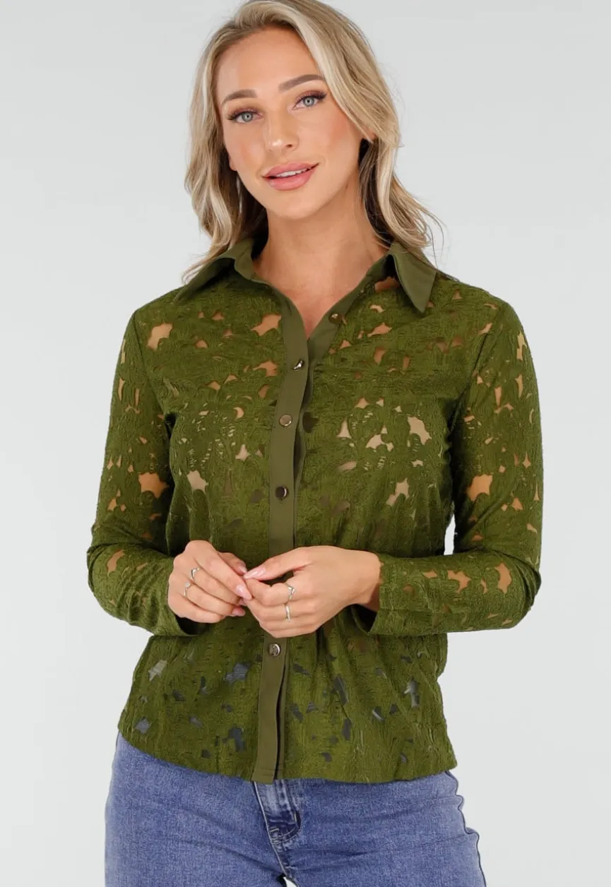 Groene Kanten Blouse met Lange Mouwen en Knoopsluiting