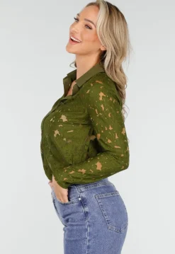 Groene Kanten Blouse met Lange Mouwen en Knoopsluiting