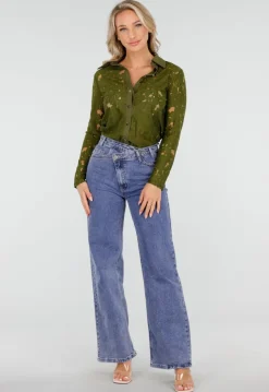 Groene Kanten Blouse met Lange Mouwen en Knoopsluiting